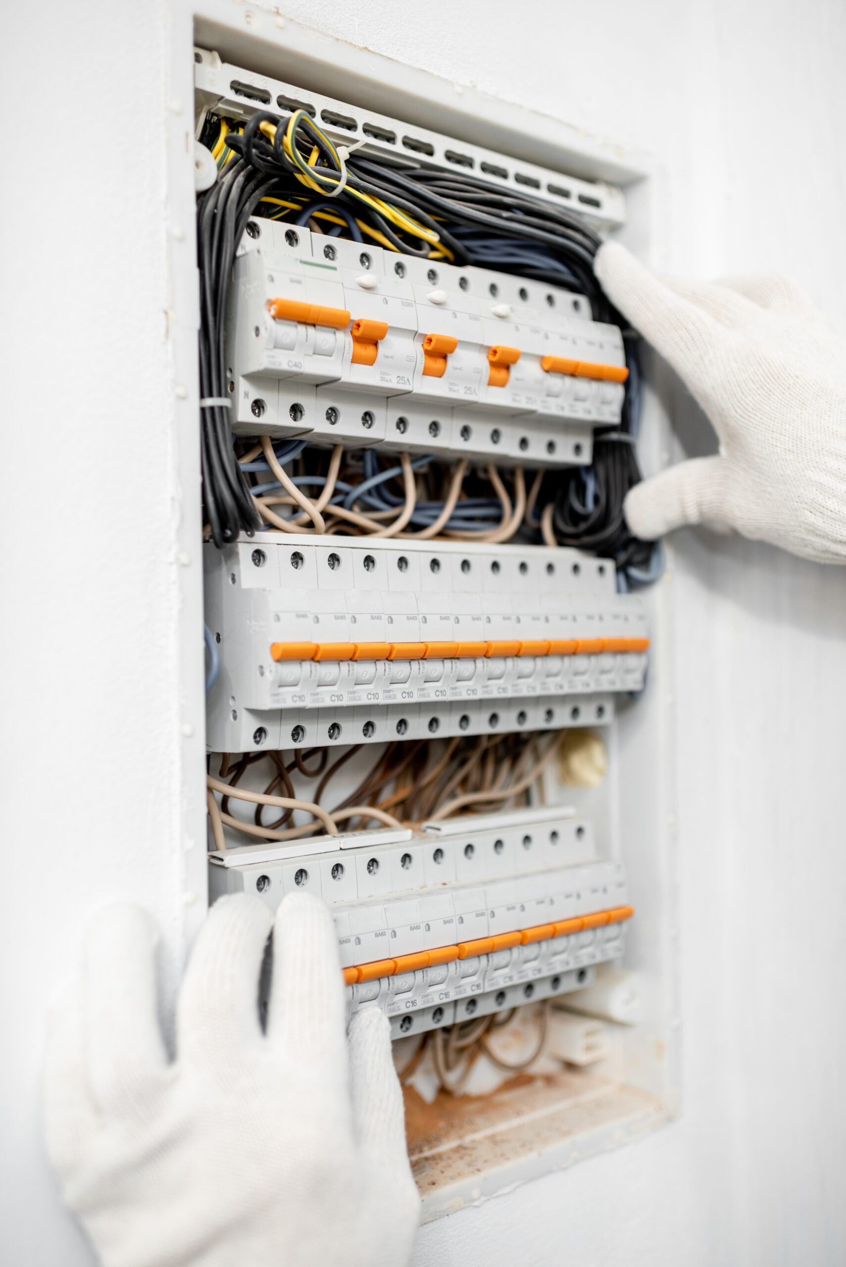 Elektryk wykonujący instalację elektryczną przy rozdzielni